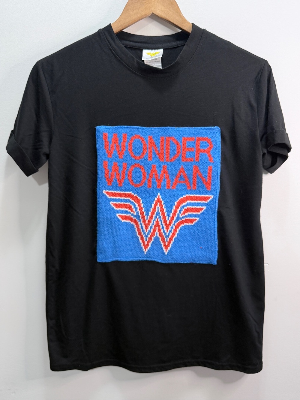 Wonder Woman Black Graphic Tee with Knitted Patch Size M